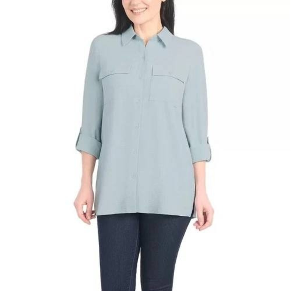 Hilary Radley Women XXL Light Blue Long Sleeve Roll Tab Button Down Blouse Shirt